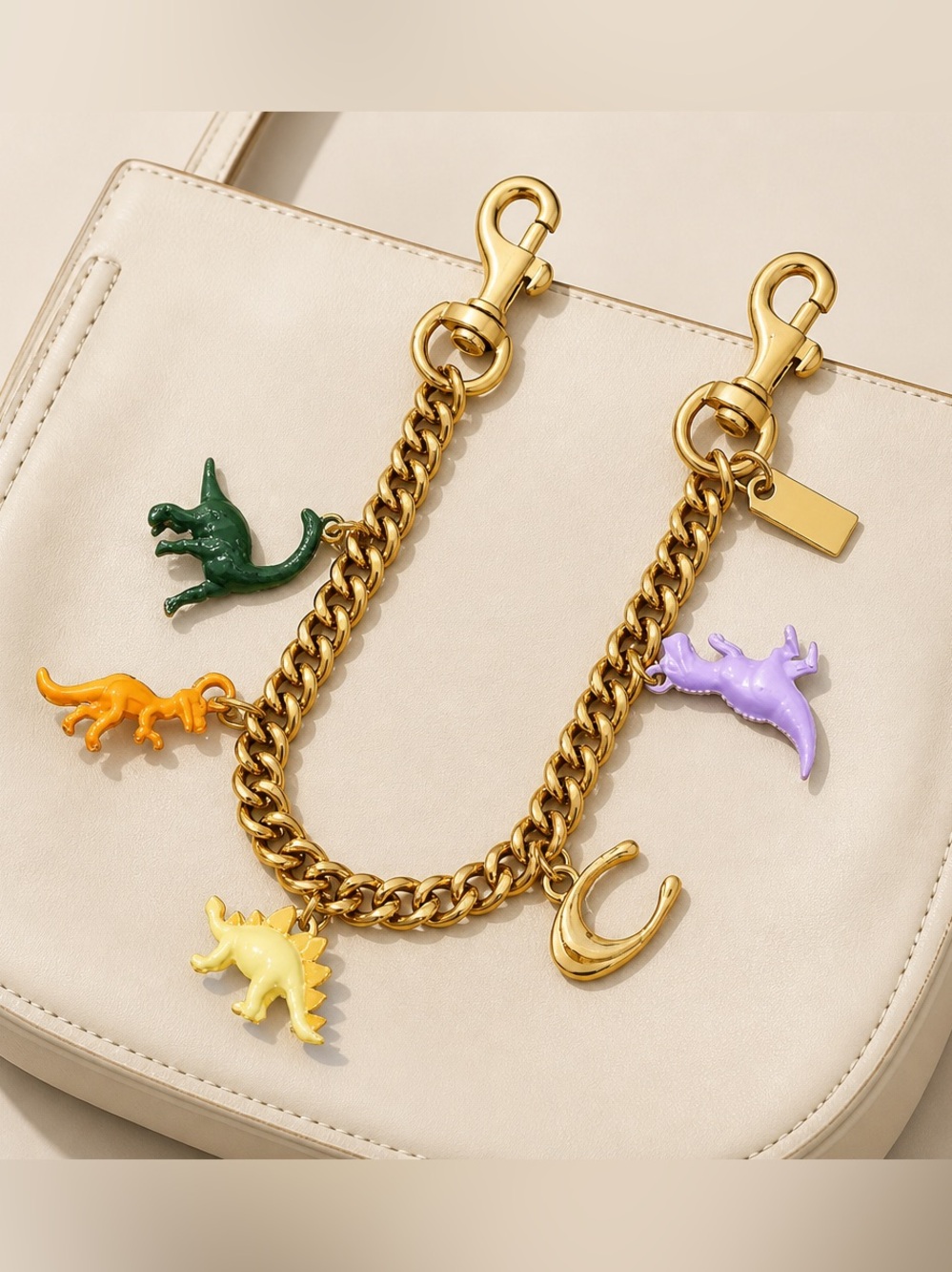Gold-Tone Chain Key & Card Holder with Multicolor Dino Charms